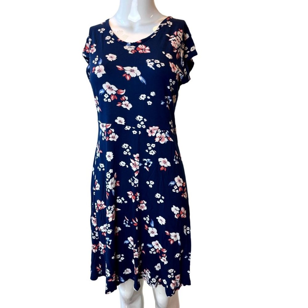Lee Cooper Women Floral Midi Dress Cap Sleeves Back Keyhole Round Neck Blue SZ L